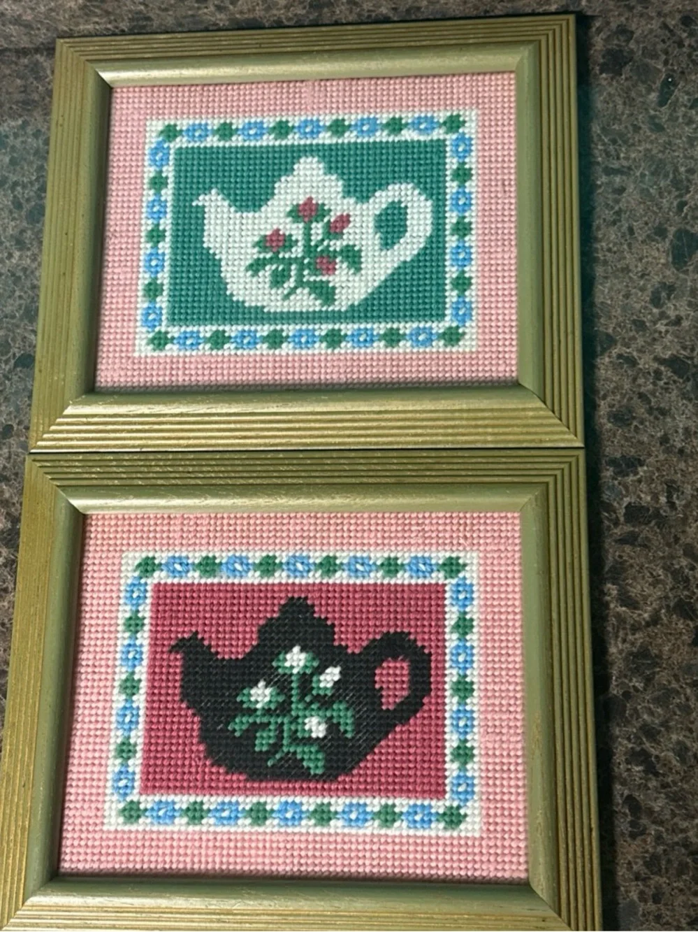Vtg Framed Needlepoint Wall Art Set Teapot Coffeepot Pink Gold 10.25x12.25”